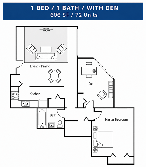 Floor plan for 1 bed, 1 bath, 606 sqft